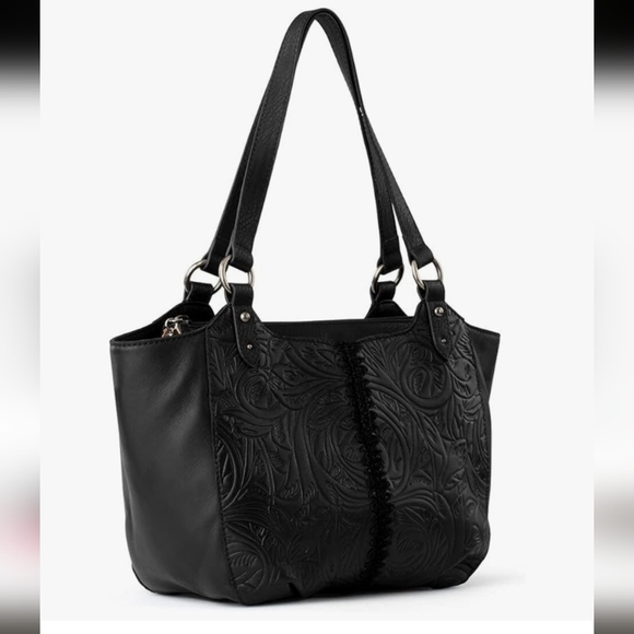 The Sak Bolinas Leather Satchel Black Leaf Embossed - Picture 2 of 7